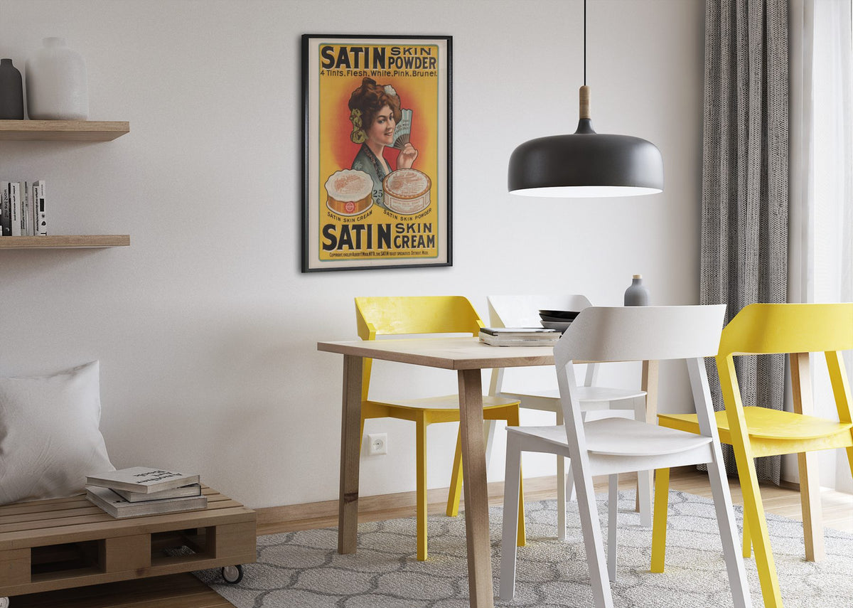 Satin Skin Powder poster framed above a dining table
