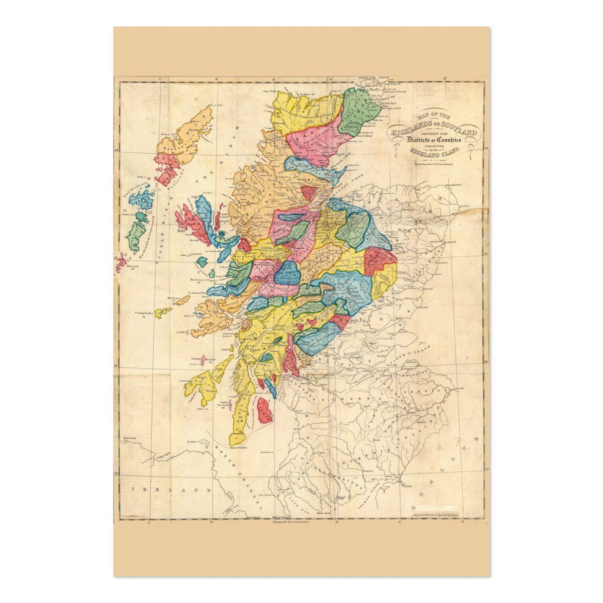 Scottish Highlands & Clans 1822 Map vintage print