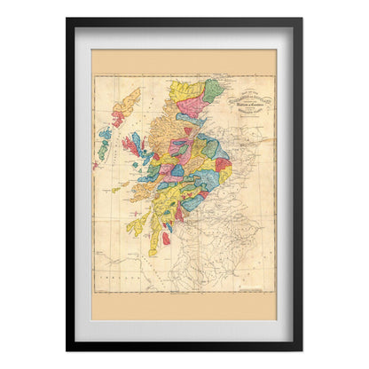 Scottish Highlands & Clans 1822 Map print in a black frame with a white mat