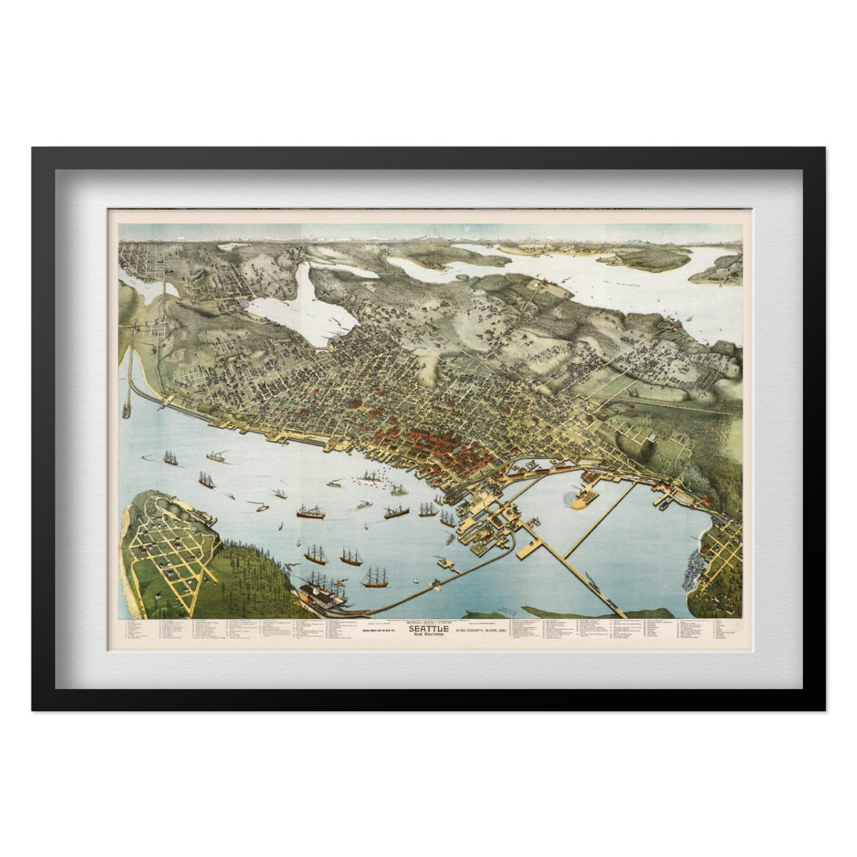 Seattle 1891 Panoramic Map print in a black frame