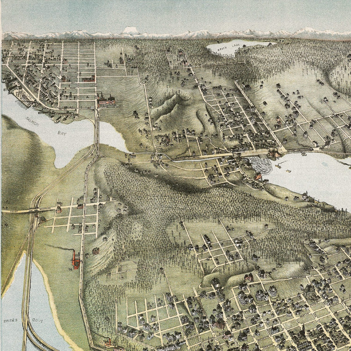 Close-up detail of the Seattle 1891 Panoramic Map print