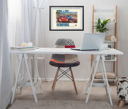 Sebring 12 Hours 1967 poster framed above a white desk