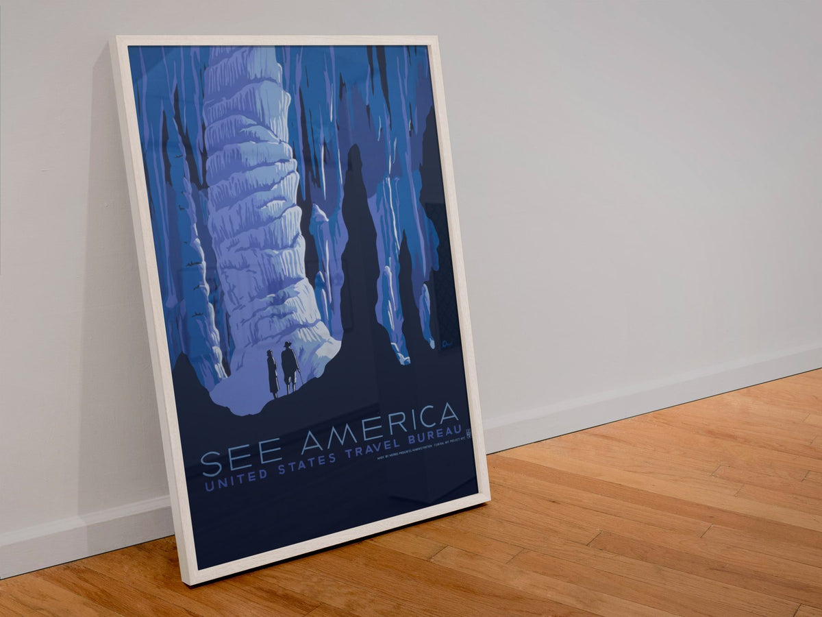 See America Caverns WPA poster in a white frame leaning against a wall