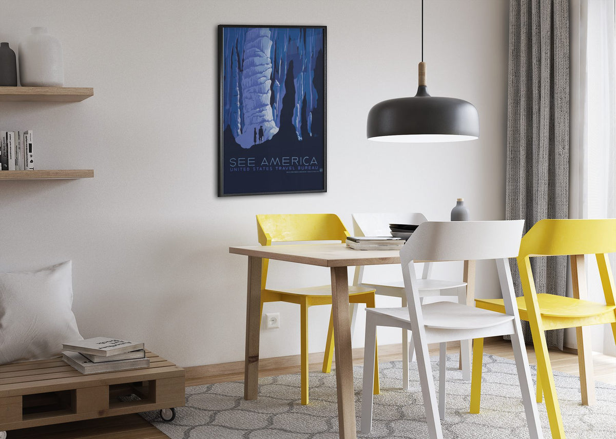 See America Caverns WPA poster framed above a dining table