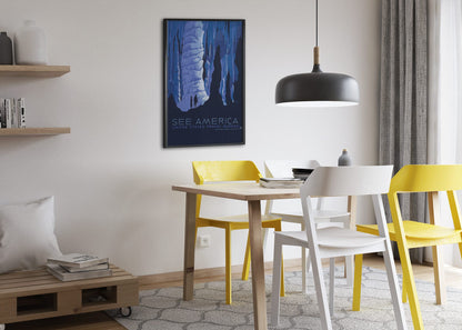 See America Caverns WPA poster framed above a dining table