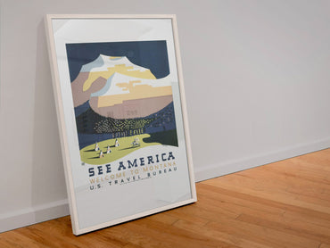 See America Montana WPA poster in a white frame leaning against a wall