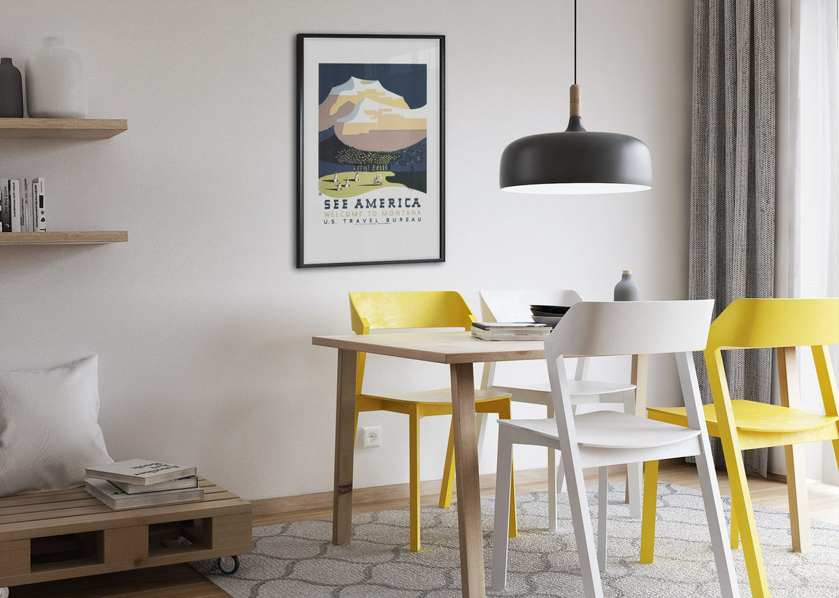 See America Montana WPA poster framed above a dining table