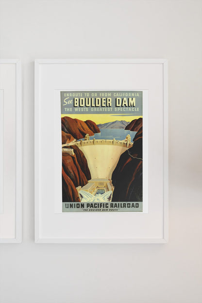See Boulder Dam Union Pacific poster on a light wall