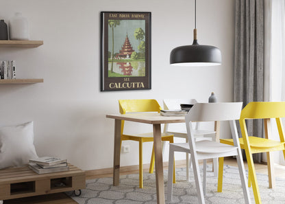 See Calcutta — East Indian Railway poster framed above a dining table