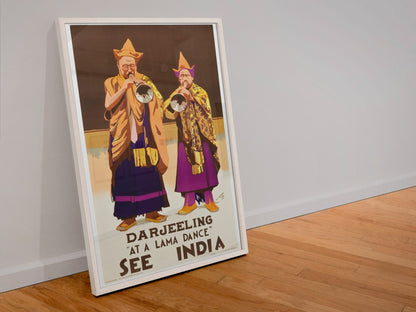 See India Darjeeling poster in a white frame leaning against a wall