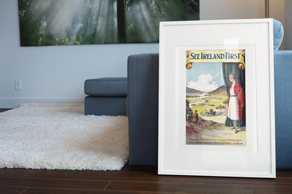 See Ireland First poster leaning beside a blue sofa
