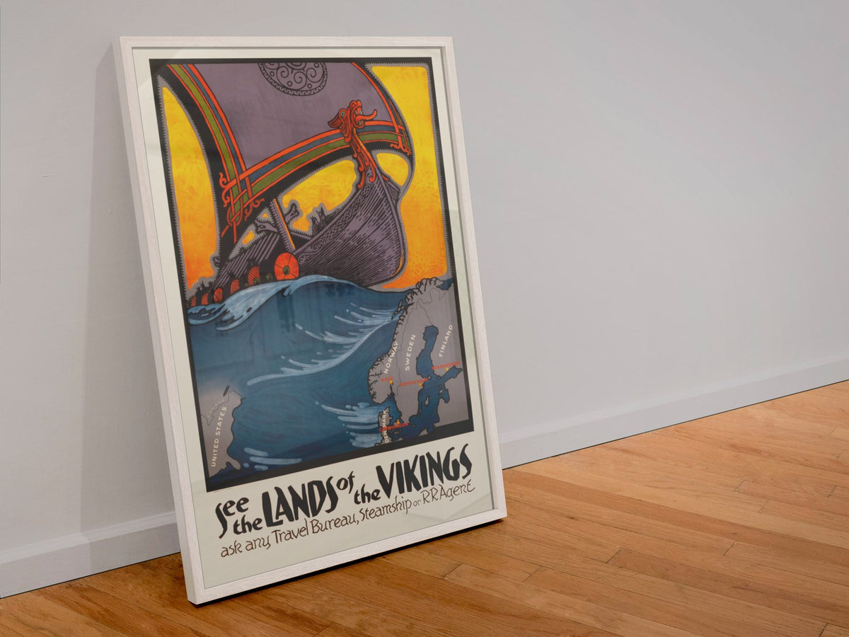 See the Lands of the Vikings poster in a white frame leaning against a wall
