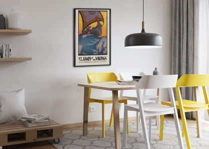 See the Lands of the Vikings poster framed above a dining table