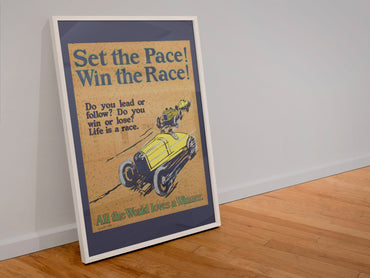 Set the Pace! Win the Race! poster in a white frame leaning against a wall