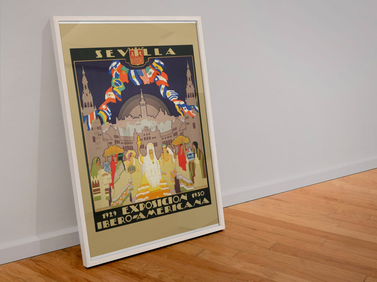 Sevilla Ibero American Exposition poster in a white frame leaning against a wall