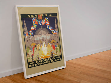 Sevilla Ibero American Exposition poster in a white frame leaning against a wall
