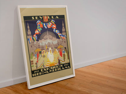 Sevilla Ibero American Exposition poster in a white frame leaning against a wall