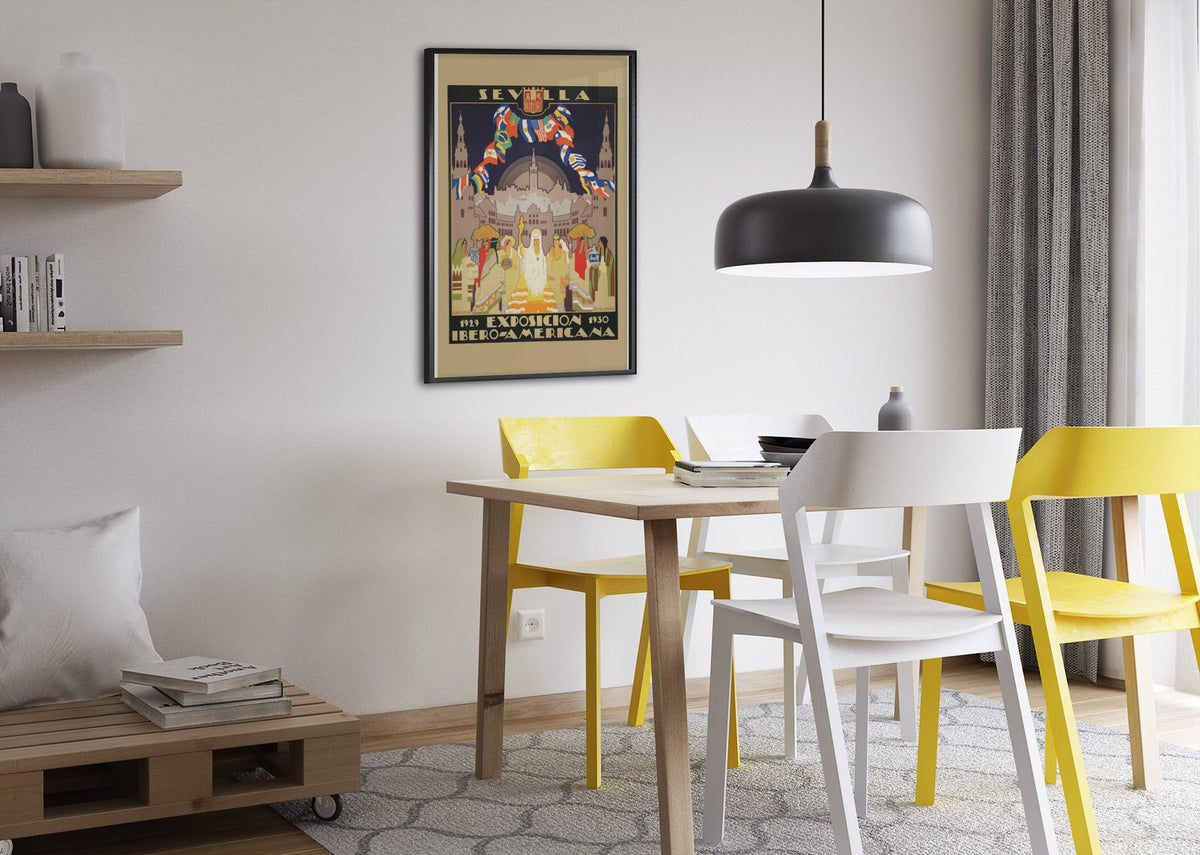 Sevilla Ibero American Exposition poster framed above a dining table
