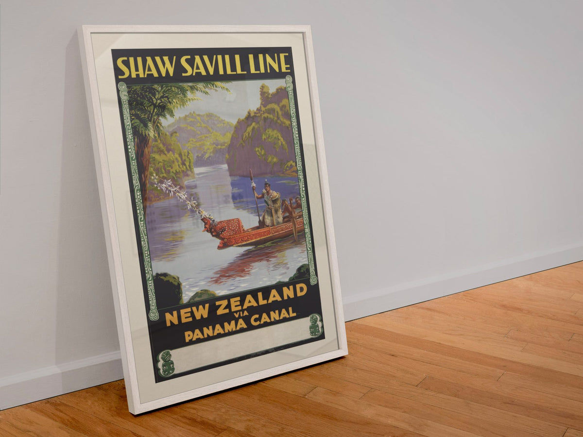 Shaw Savill Line New Zealand poster in a white frame leaning against a wall