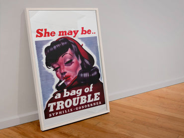 She May Be a Bag of Trouble poster in a white frame leaning against a wall