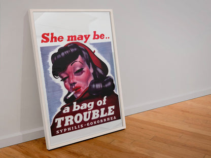 She May Be a Bag of Trouble poster in a white frame leaning against a wall