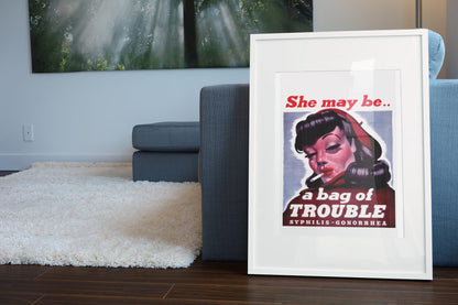 She May Be a Bag of Trouble poster leaning beside a blue sofa