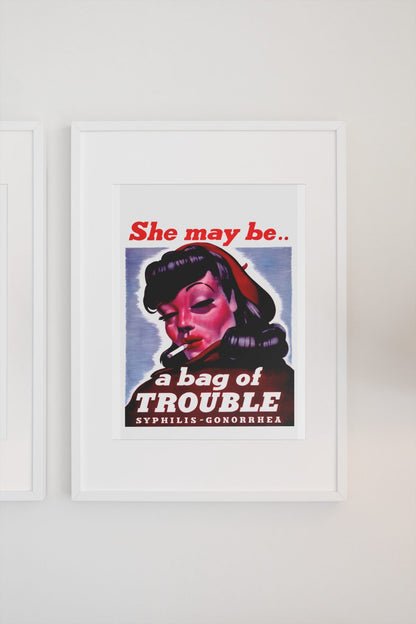 She May Be a Bag of Trouble poster on a light wall