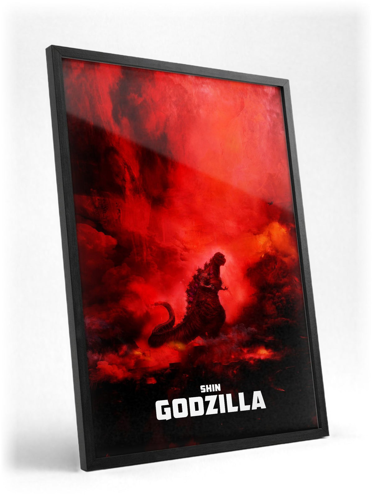 Shin Godzilla (2016) Movie Key Art poster in a black frame with glass leaning against a wall