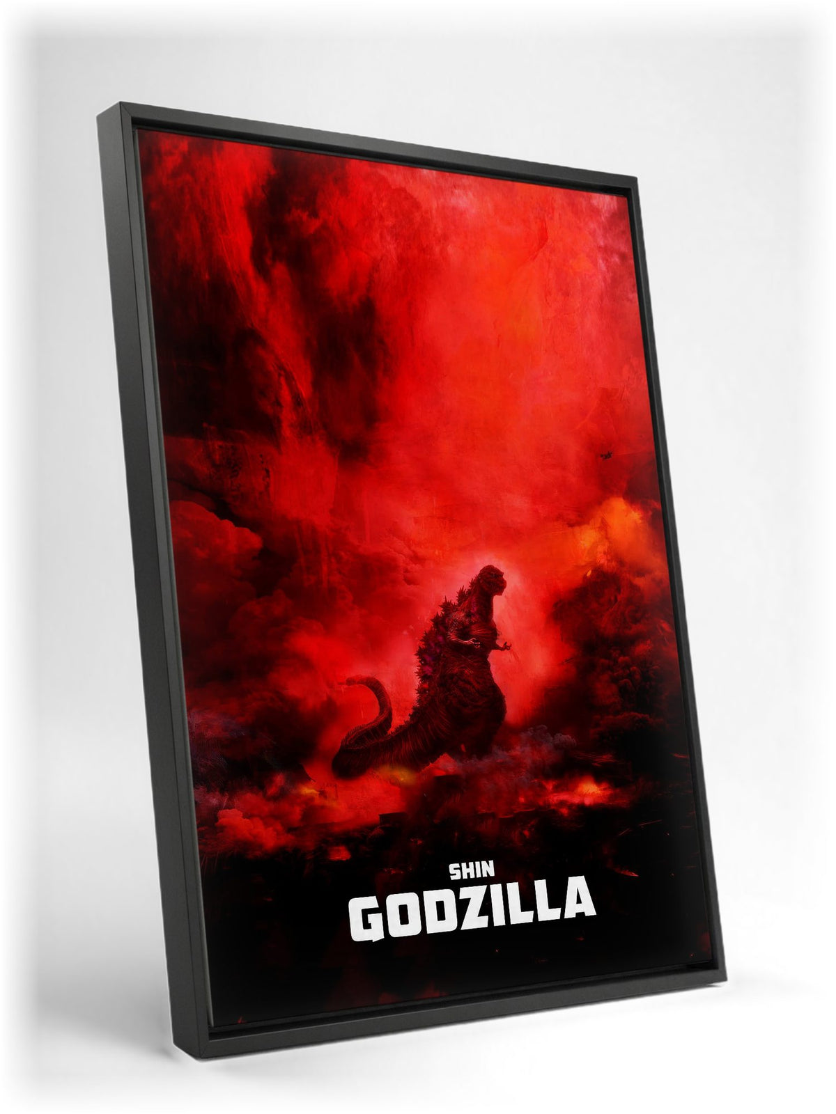 Shin Godzilla (2016) Movie Key Art as a black floater framed canvas leaning against a wall