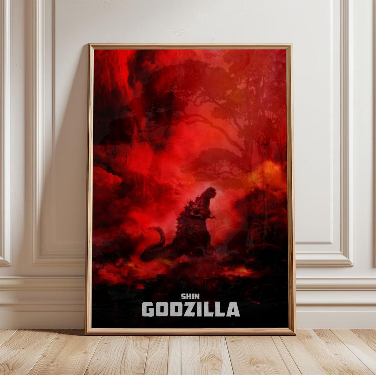 Shin Godzilla (2016) Movie Key Art poster in a light oak frame leaning against a white wall