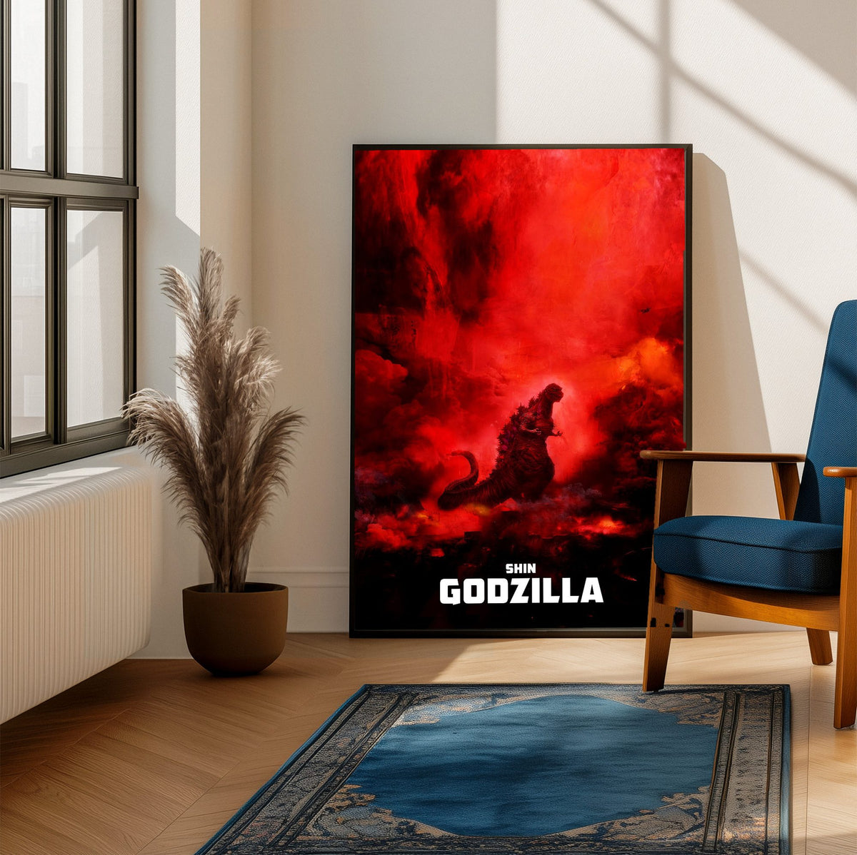 Shin Godzilla (2016) Movie Key Art poster framed beside a blue armchair in a sunlit room