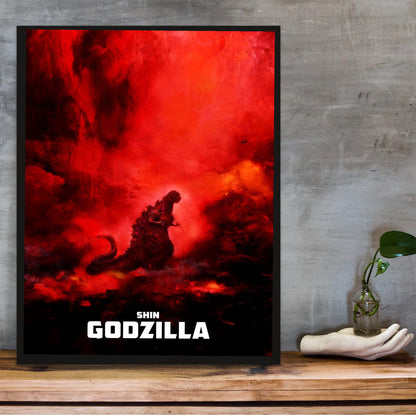 Shin Godzilla (2016) Movie Key Art poster in a black frame on a wooden shelf against concrete
