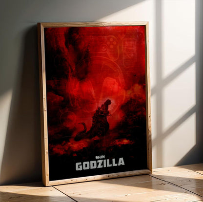 Shin Godzilla (2016) Movie Key Art poster in an oak frame leaning on a wooden floor