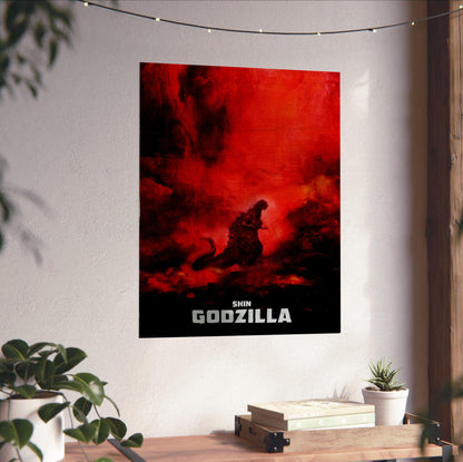 Shin Godzilla (2016) Movie Key Art poster unframed on a white wall above a desk