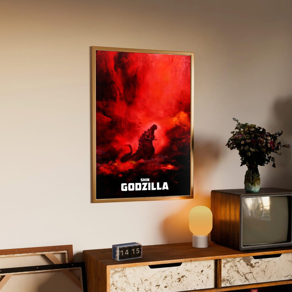 Shin Godzilla (2016) Movie Key Art poster in an oak frame above a sideboard