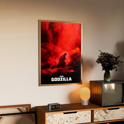 Shin Godzilla (2016) Movie Key Art poster in an oak frame above a sideboard
