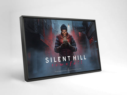 Silent Hill: Townfall Key Art as a black floater framed canvas leaning against a wall