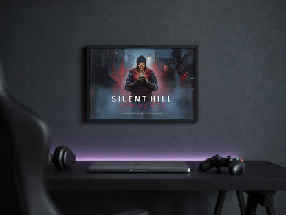 Silent Hill: Townfall Key Art poster in a black frame above a gaming desk