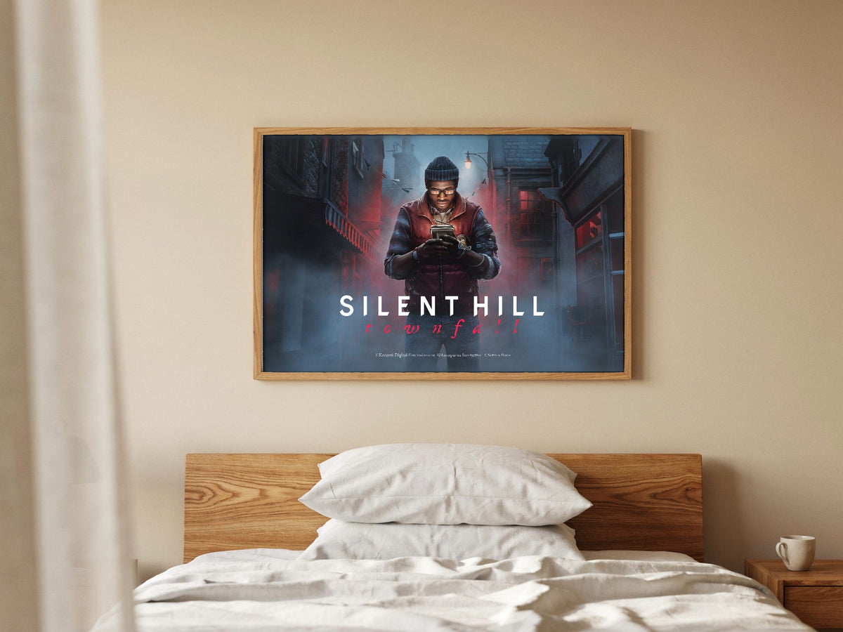 Silent Hill: Townfall Key Art poster in a natural oak frame in a bedroom