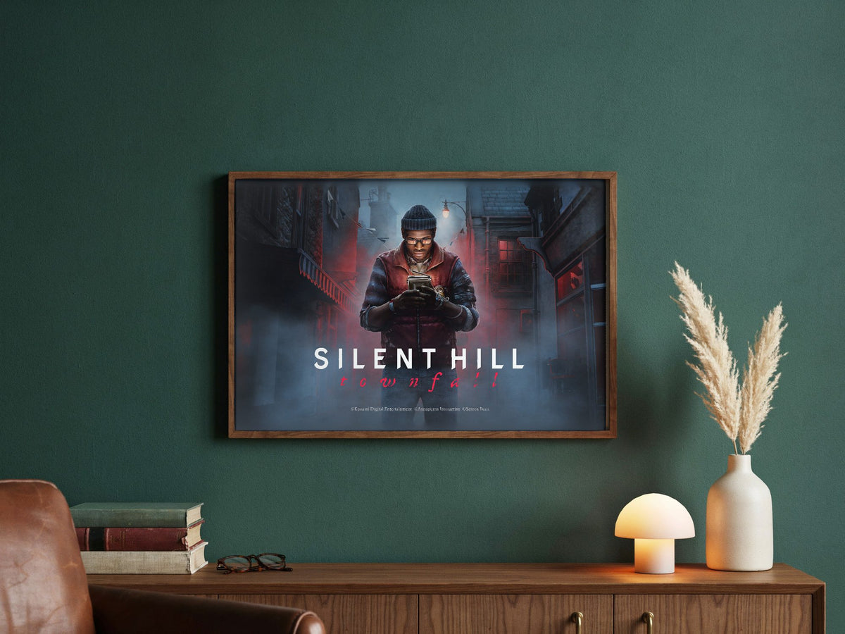 Silent Hill: Townfall Key Art poster in a dark walnut frame in a green study