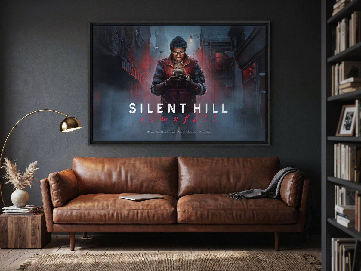 Silent Hill: Townfall Key Art as a black floater framed canvas in a media room
