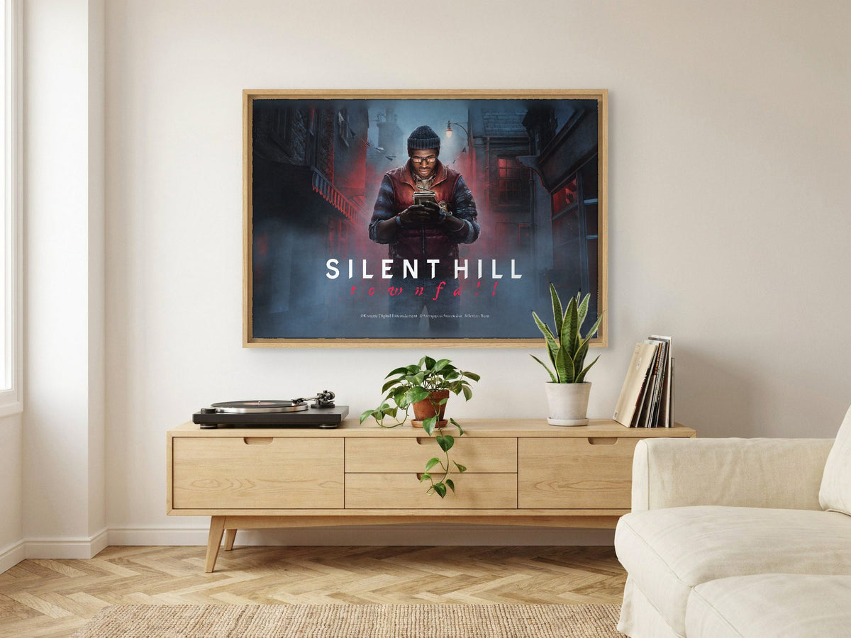 Silent Hill: Townfall Key Art as an oak floater framed canvas in a Scandinavian lounge