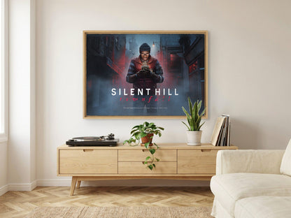 Silent Hill: Townfall Key Art as an oak floater framed canvas in a Scandinavian lounge