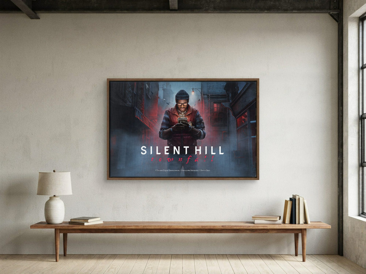Silent Hill: Townfall Key Art as a walnut floater framed canvas in a loft