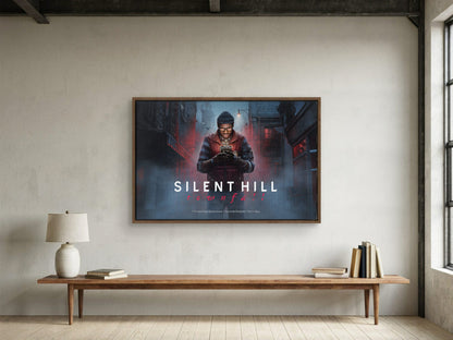 Silent Hill: Townfall Key Art as a walnut floater framed canvas in a loft