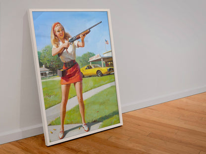 Skeet Club by Gil Elvgren, pin-up poster — leaning frame