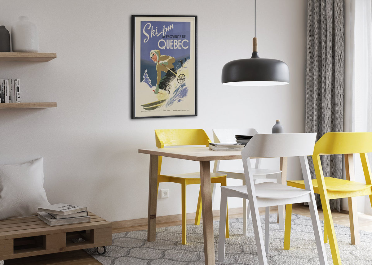 Ski Fun Quebec poster framed above a dining table