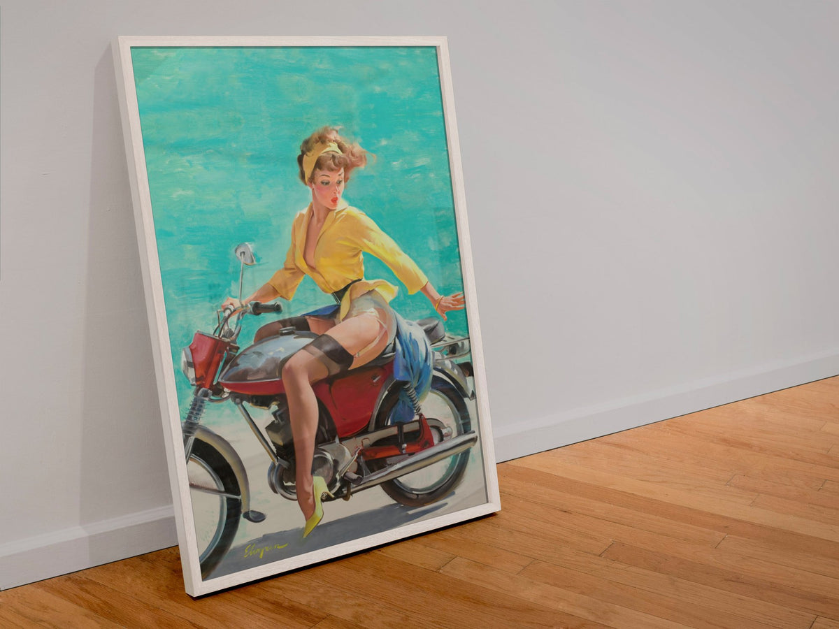 Skirting the Issue by Gil Elvgren, pin-up poster — leaning frame