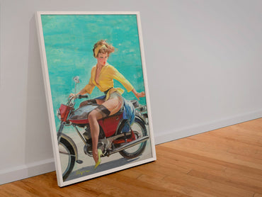 Skirting the Issue by Gil Elvgren, pin-up poster — leaning frame