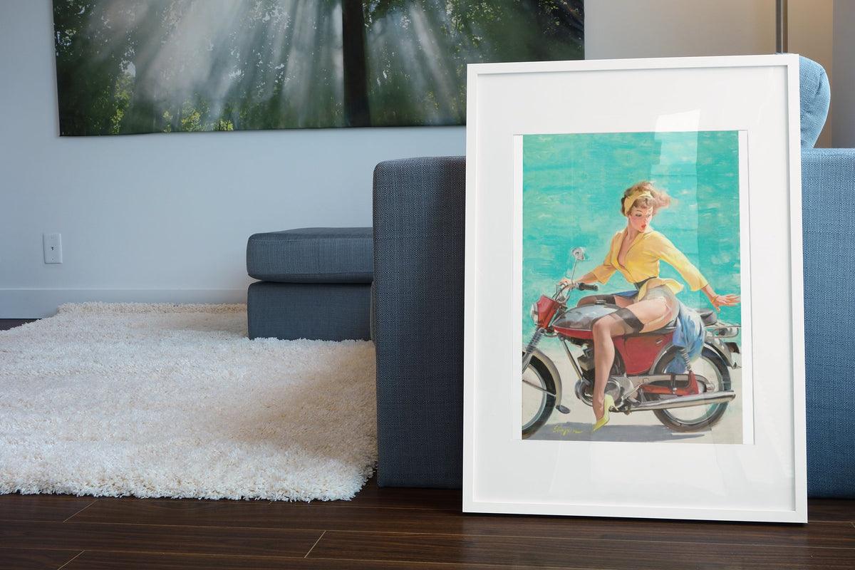 Skirting the Issue by Gil Elvgren, pin-up poster — living room wall